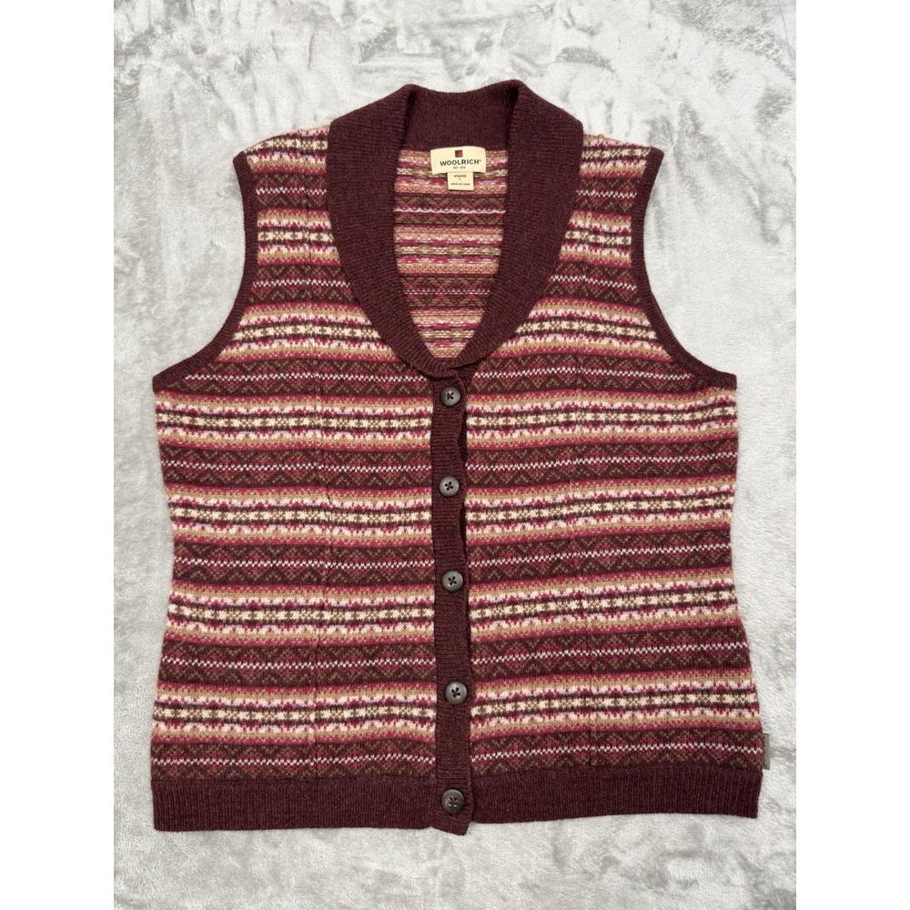 Woolrich Sweater Vest Womens Large Wool Red Fair Isle Striped Wool Cottagecore